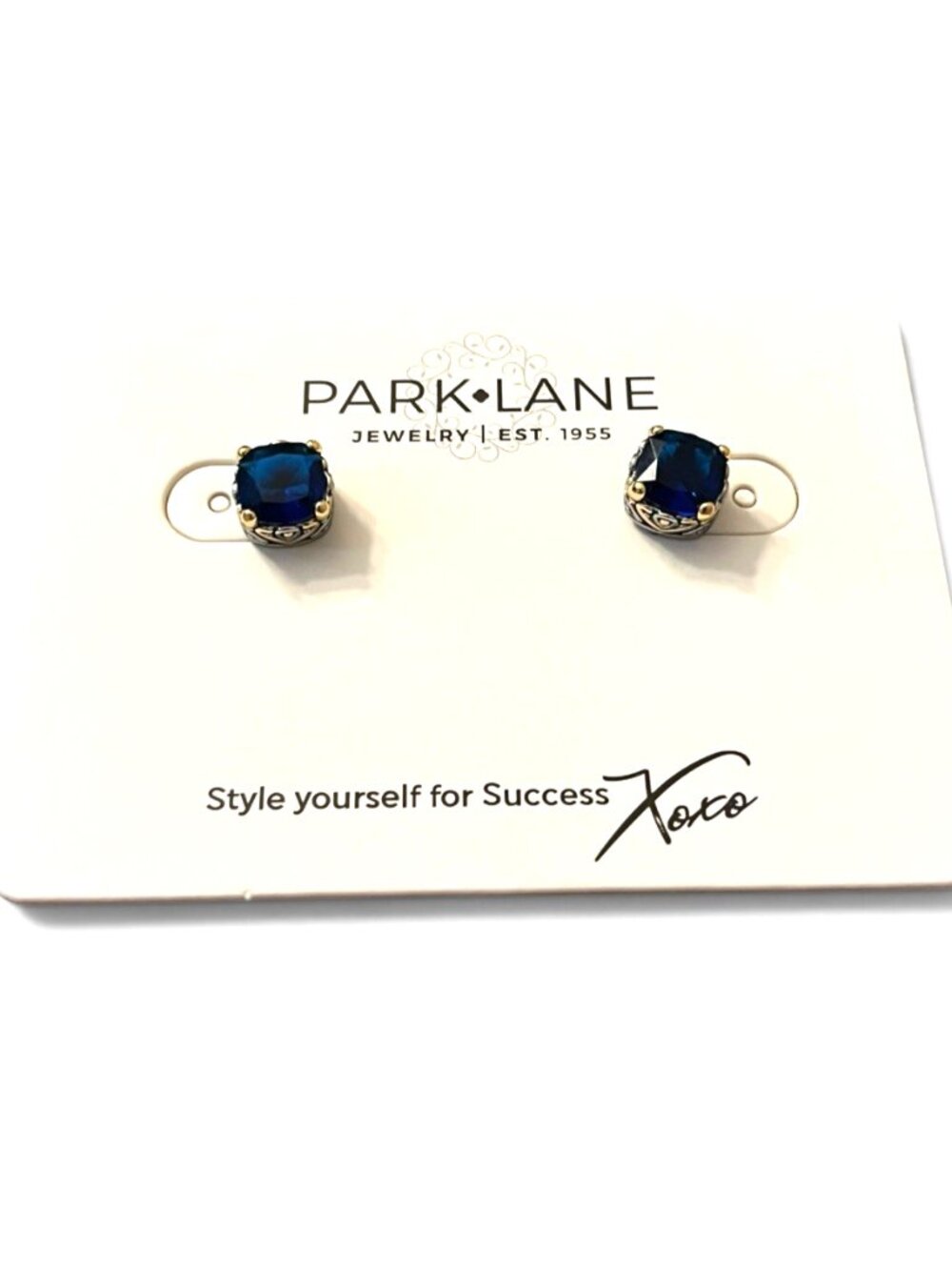 Park Lane Square Sapphire Blue Stud Earrings Ornate Silver Tone New in Gift Box